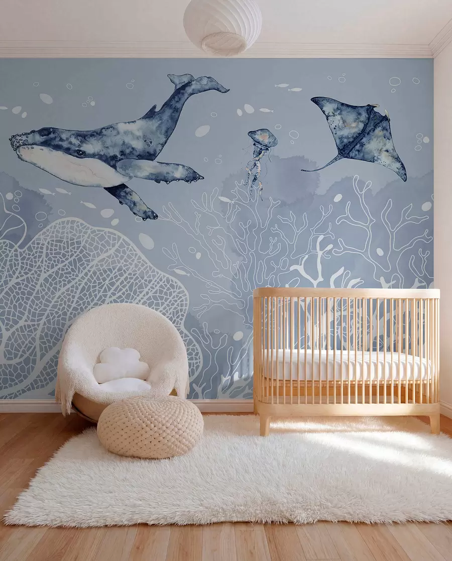 murales de pared Ballena sobre coral blanco w00848