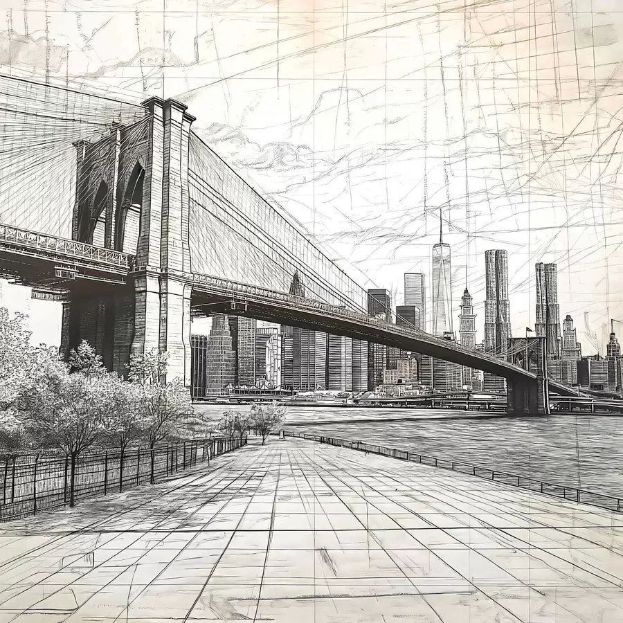 murales de pared Panorama del puente de Brooklyn realizado con una técnica retro abocetada con líneas y arañazos w01961
