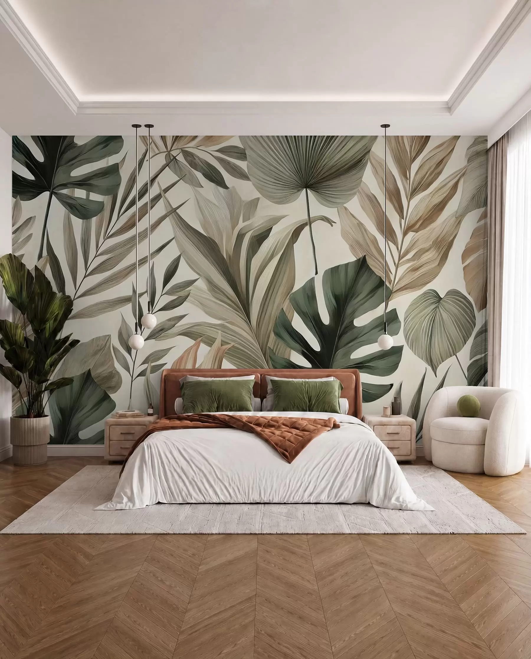 murales de pared Grandes hojas tropicales en delicados y sobrios tonos pastel w02082