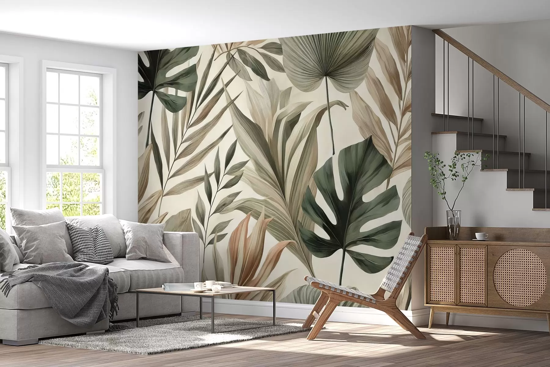 murales de pared Grandes hojas tropicales en delicados y sobrios tonos pastel w02082