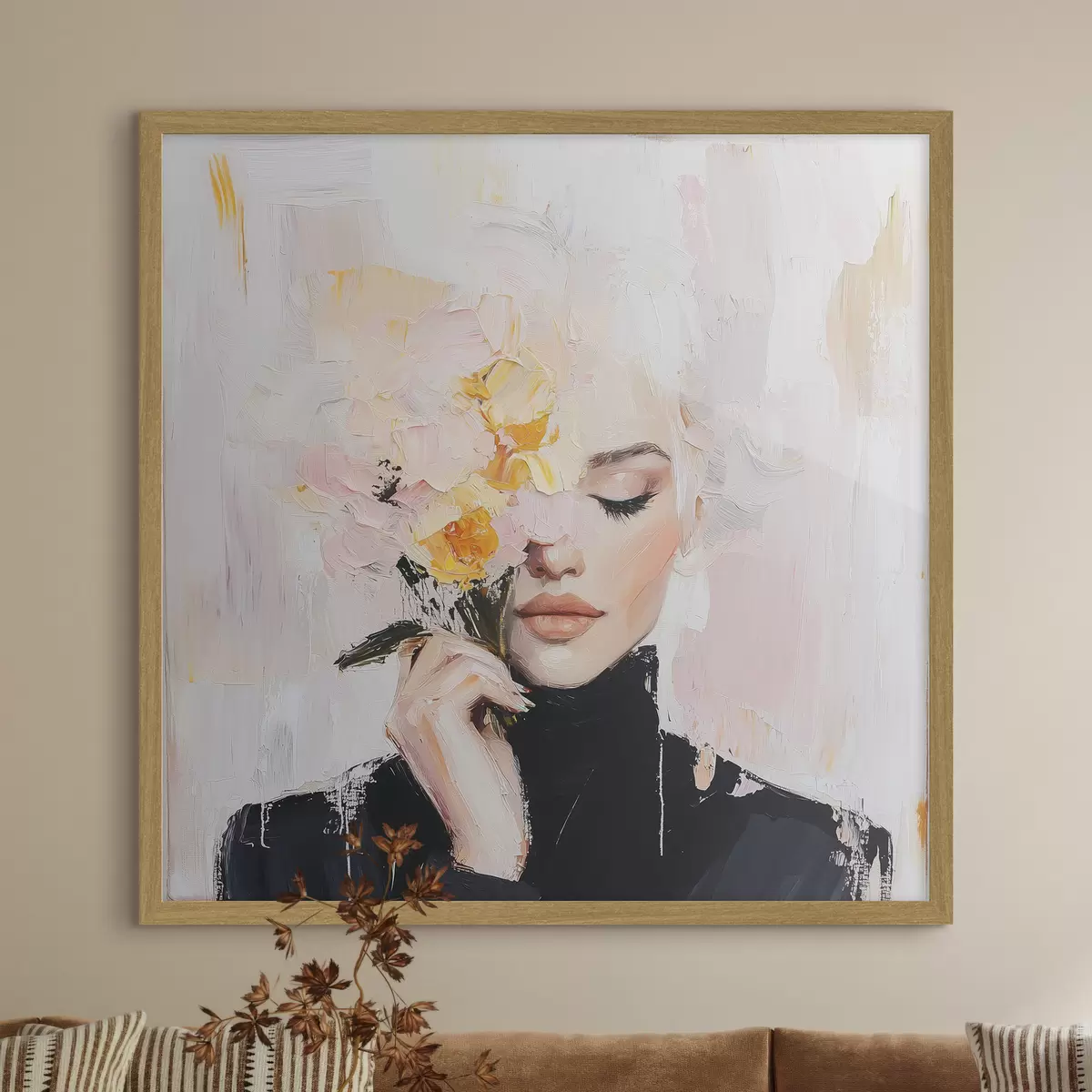Poster Mujer abstracta con un ramo de flores en las manos con pinceladas f41355
