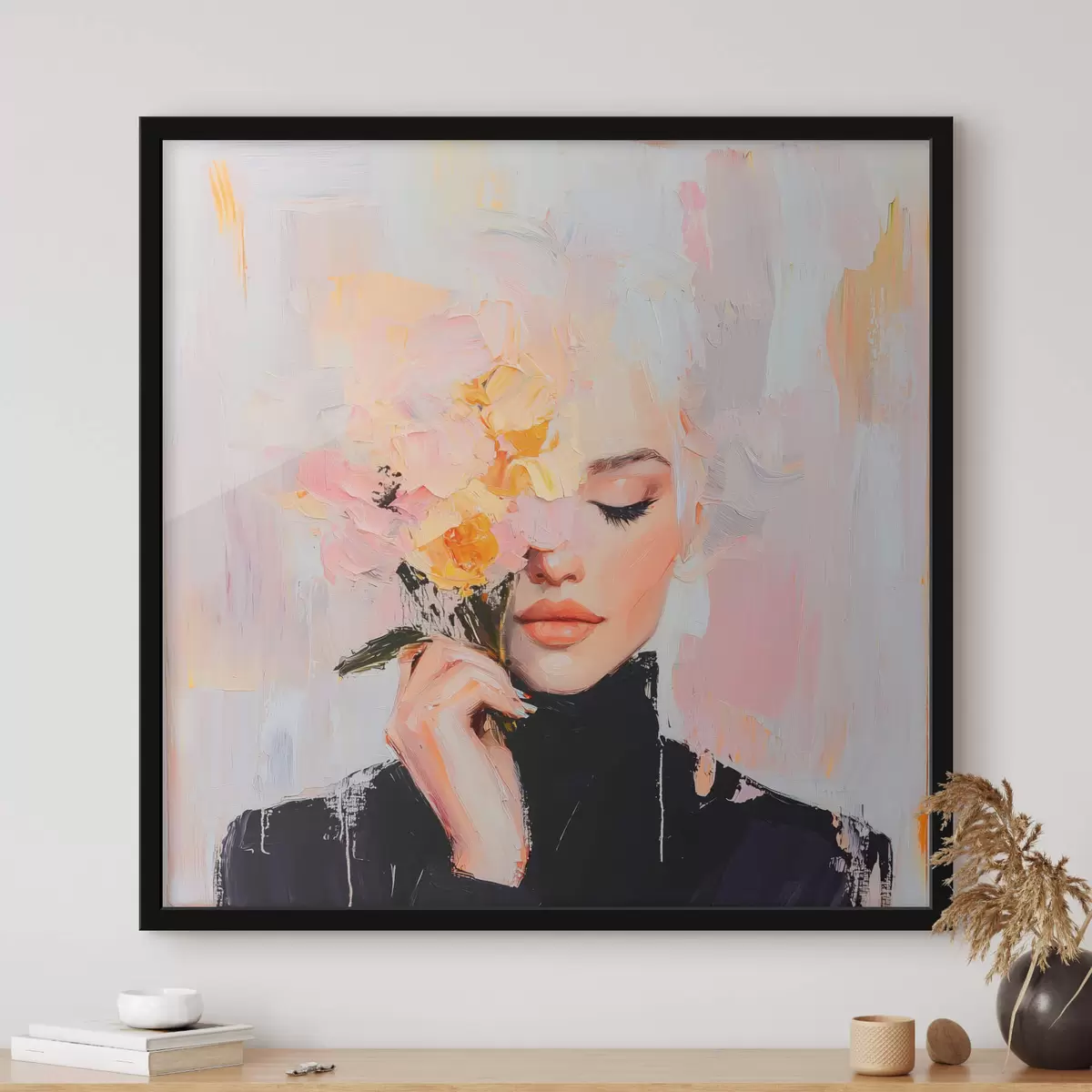 Poster Mujer abstracta con un ramo de flores en las manos con pinceladas f41355