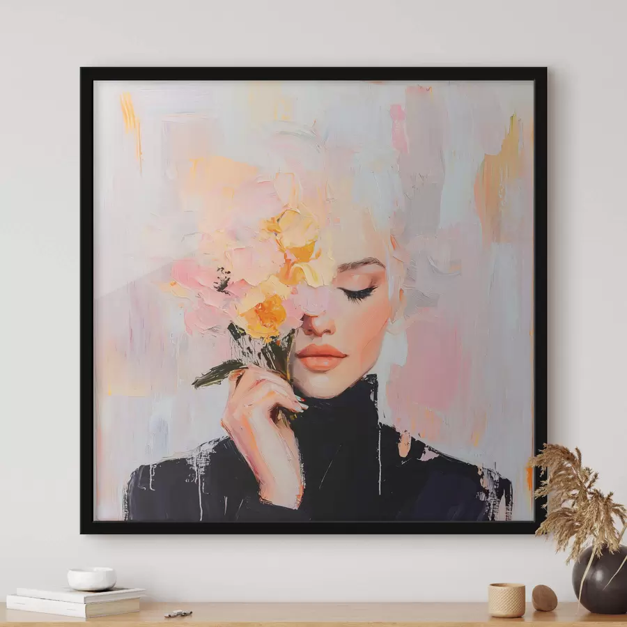 murales de pared Mujer abstracta con un ramo de flores en las manos con pinceladas f41355