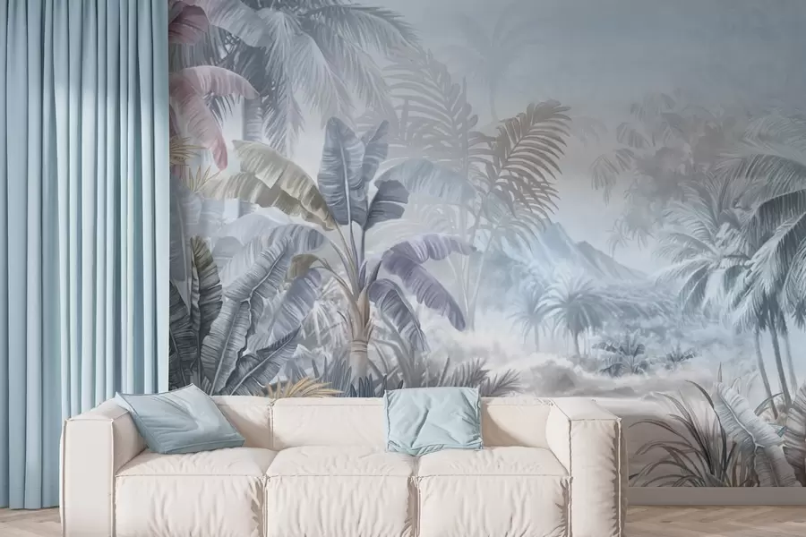 murales de pared Selva tropical en suaves tonos azules w01931