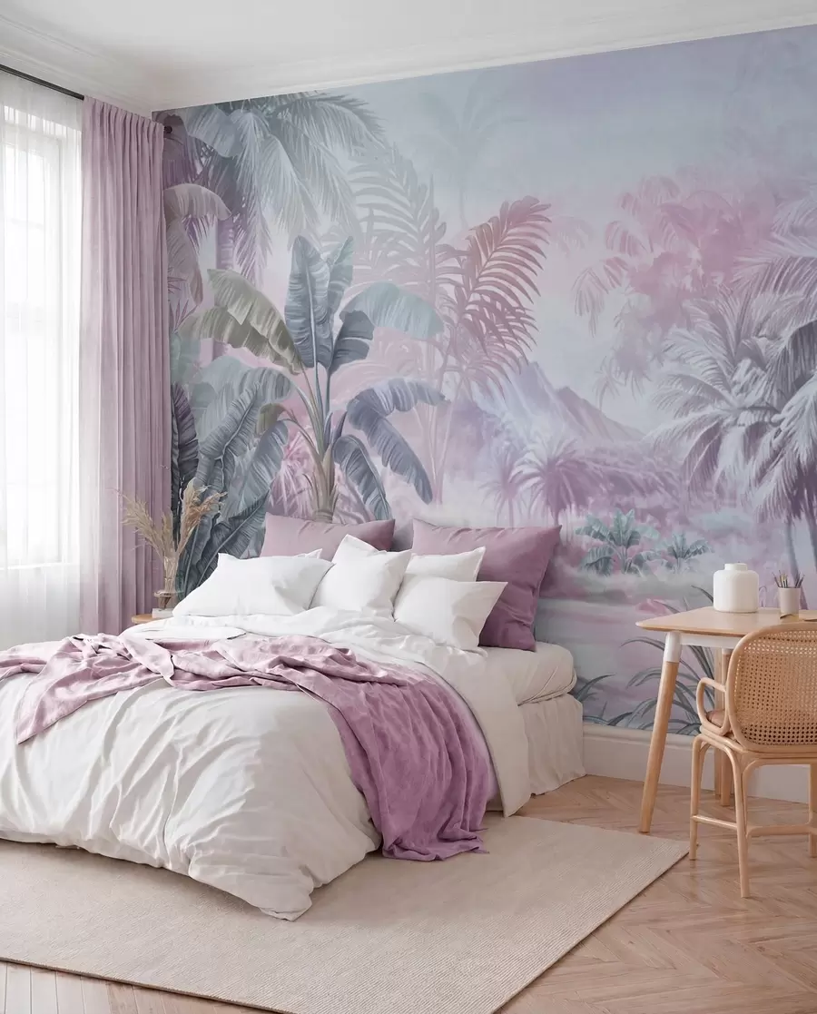 murales de pared Selva tropical en suaves tonos azules y rosas w01931v2