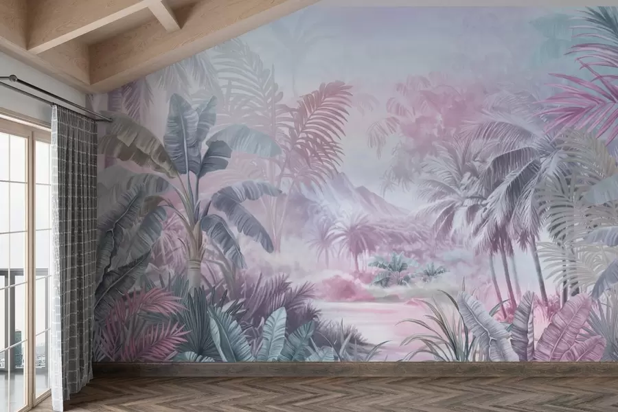 murales de pared Selva tropical en suaves tonos azules y rosas w01931v2
