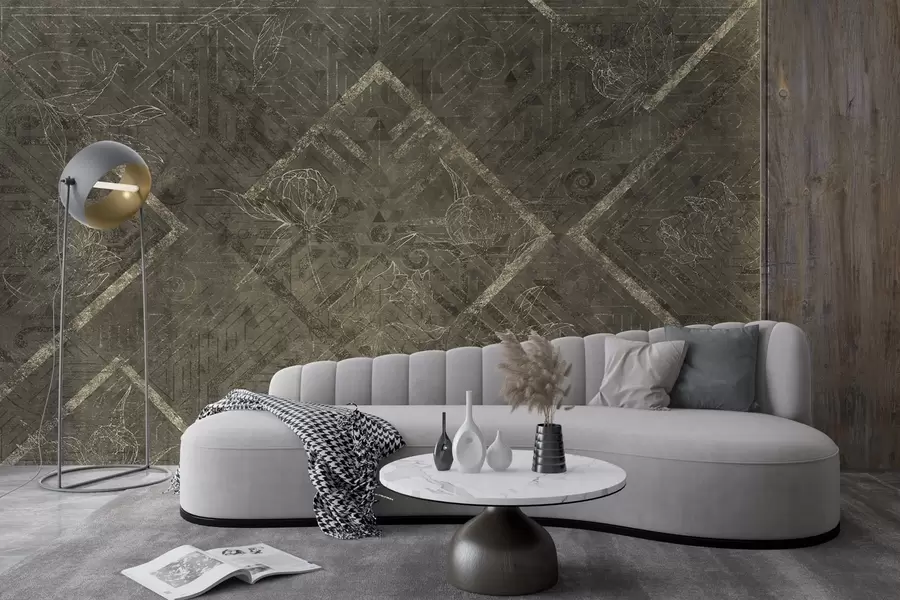 murales de pared Textura grunge con motivos florales en color amarillo w02079