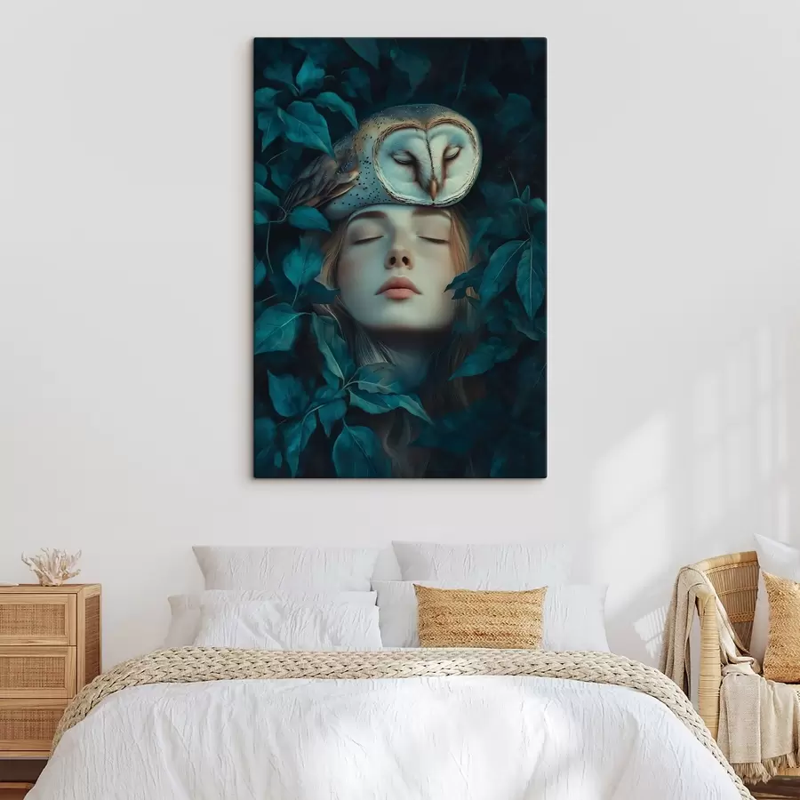 murales de pared Mujer con búho en las hojas verdes, tranquilo, naturaleza s41445