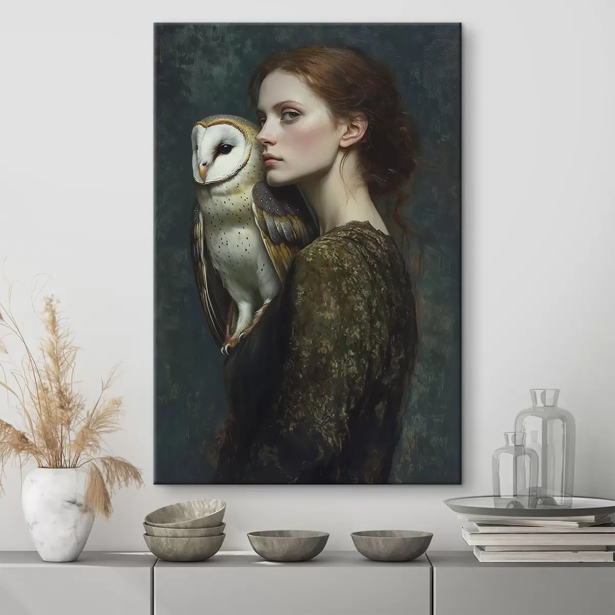 murales de pared Retrato de mujer con búho en el hombro, pinceladas, acrílico s41447
