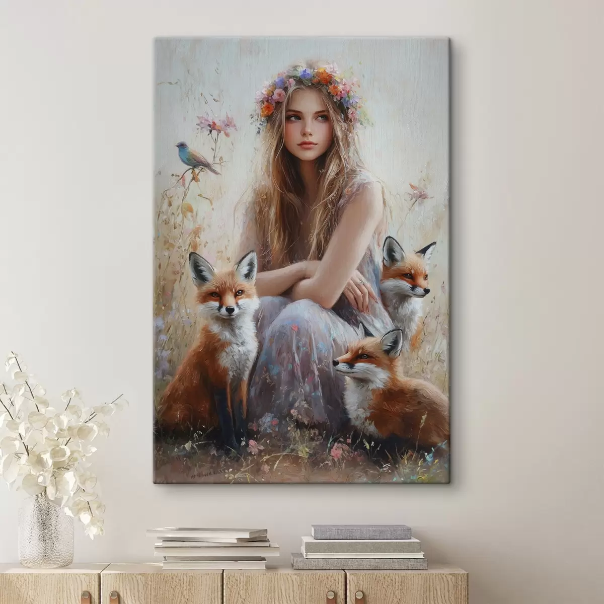 murales de pared Niña en el prado, animales salvajes, zorros, pájaros, corona floral  s41451