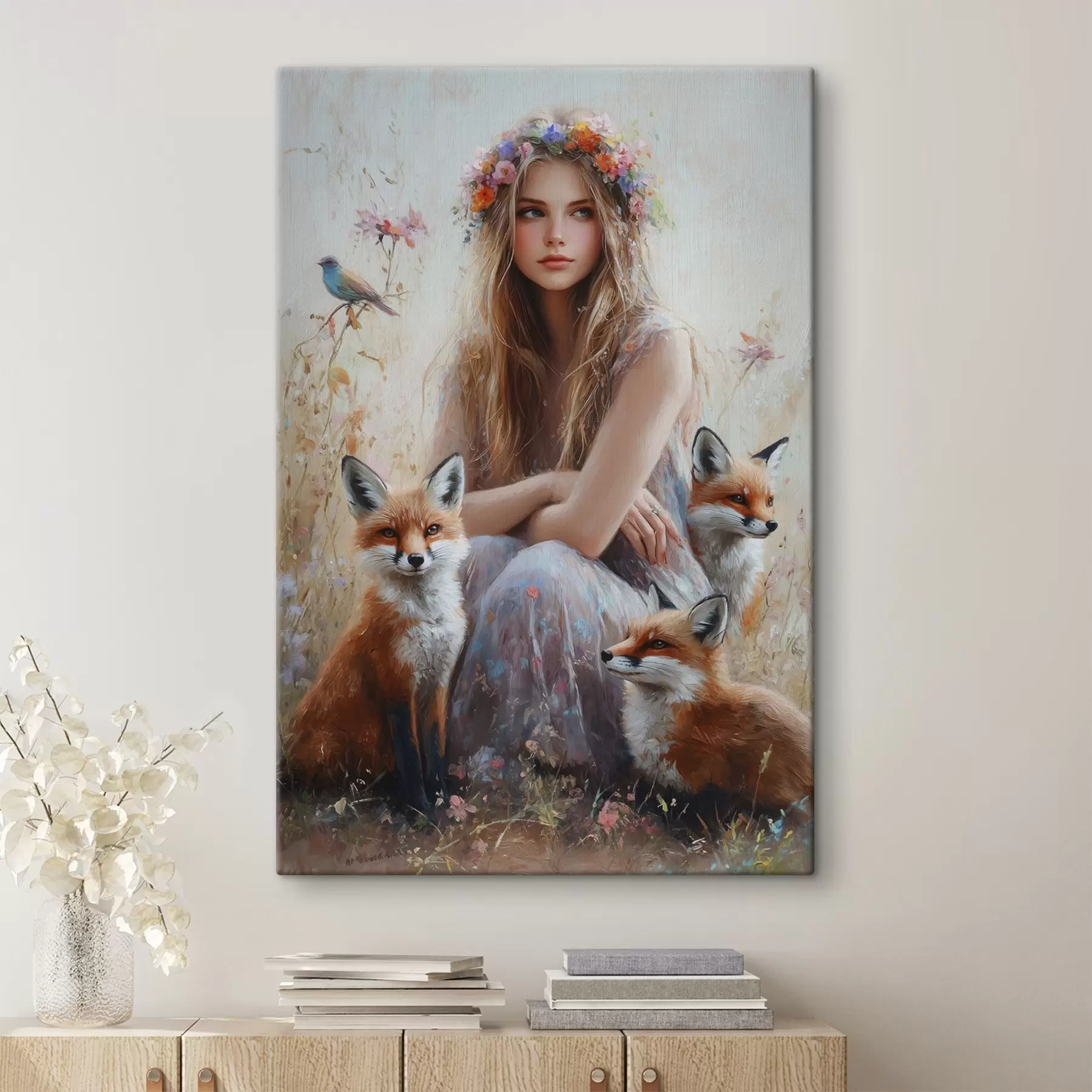 murales de pared Niña en el prado, animales salvajes, zorros, pájaros, corona floral  s41451