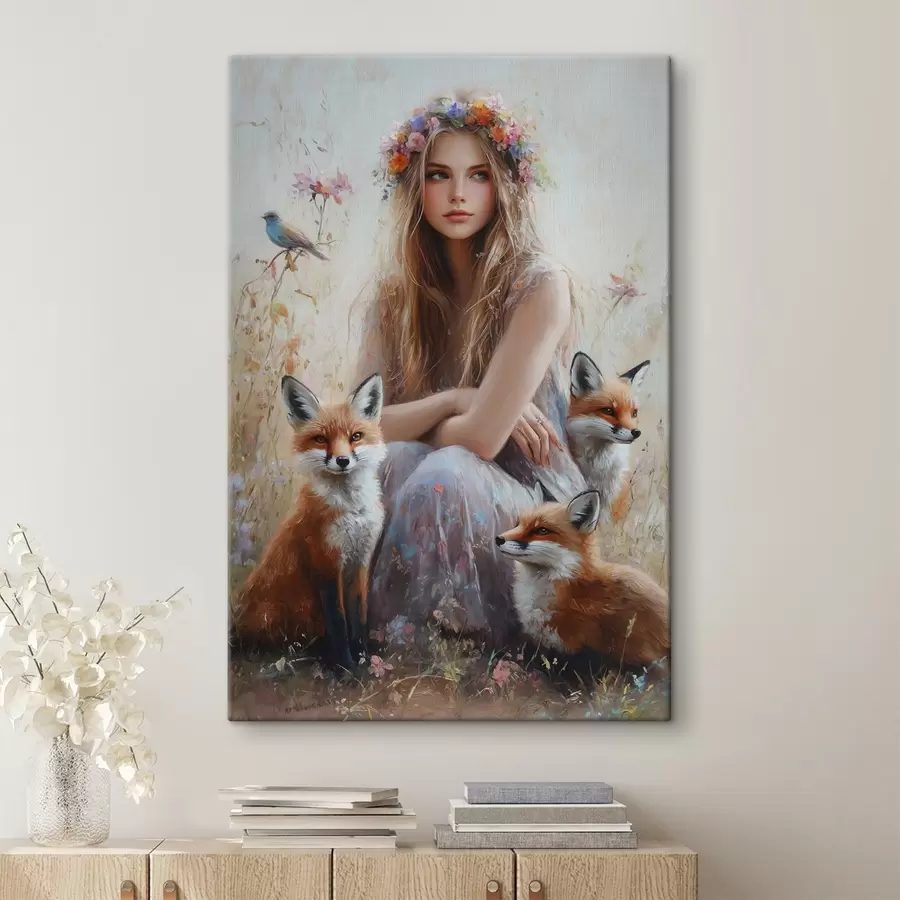 murales de pared Niña en el prado, animales salvajes, zorros, pájaros, corona floral  s41451