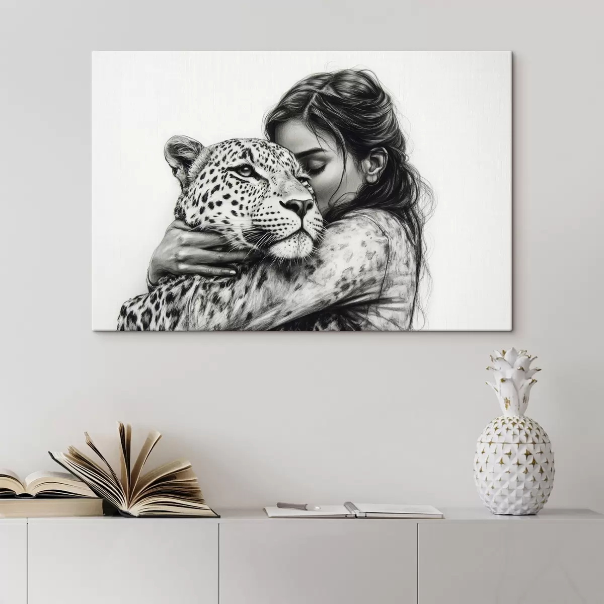 murales de pared Mujer con leopardo, animales salvajes, dibujo a lápiz, blanco y negro s41455