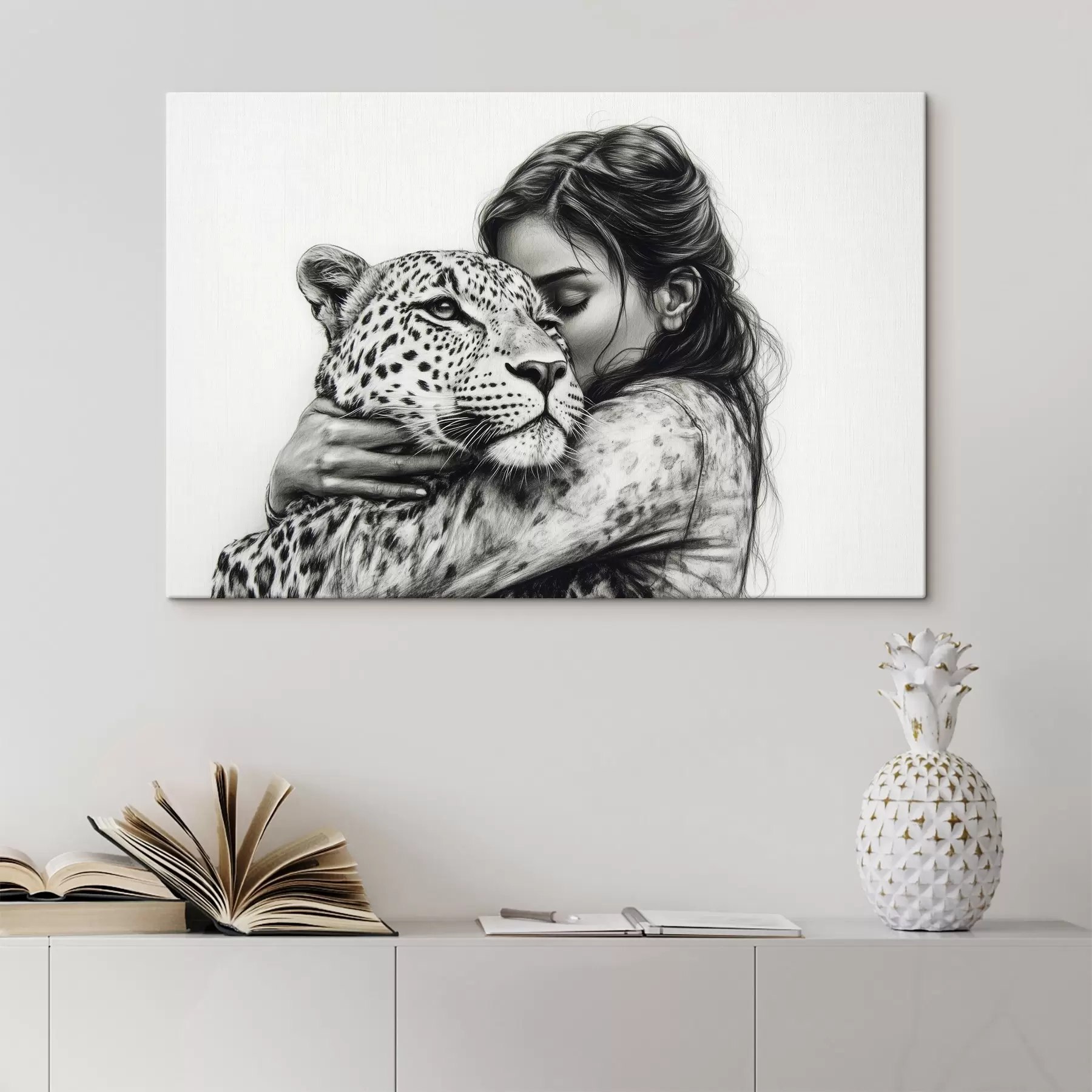 murales de pared Mujer con leopardo, animales salvajes, dibujo a lápiz, blanco y negro s41455