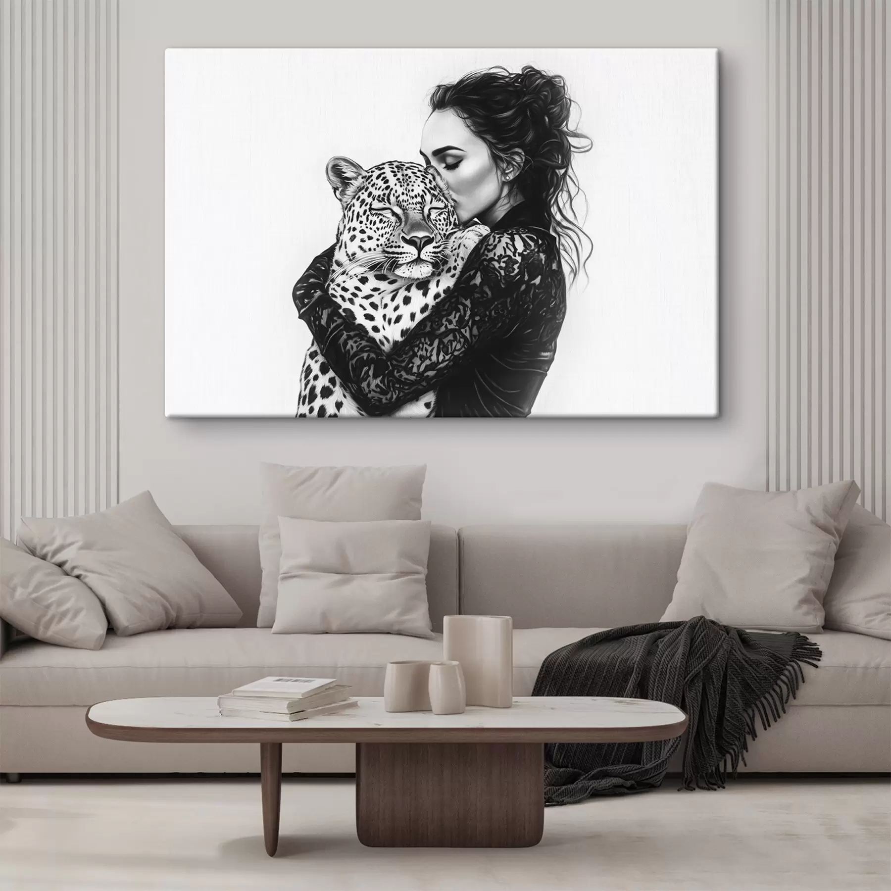 murales de pared Mujer besando leopardo, dibujo a lápiz, animales salvajes, blanco y negro s41457