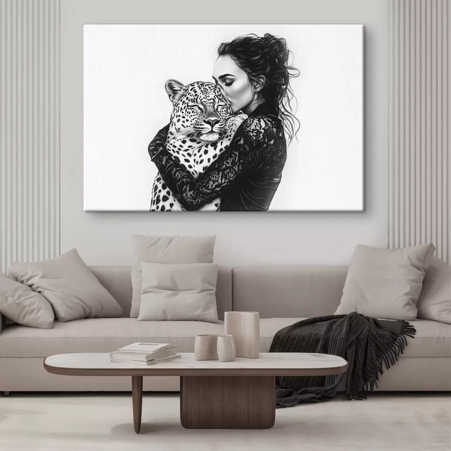 murales de pared Mujer besando leopardo, dibujo a lápiz, animales salvajes, blanco y negro s41457