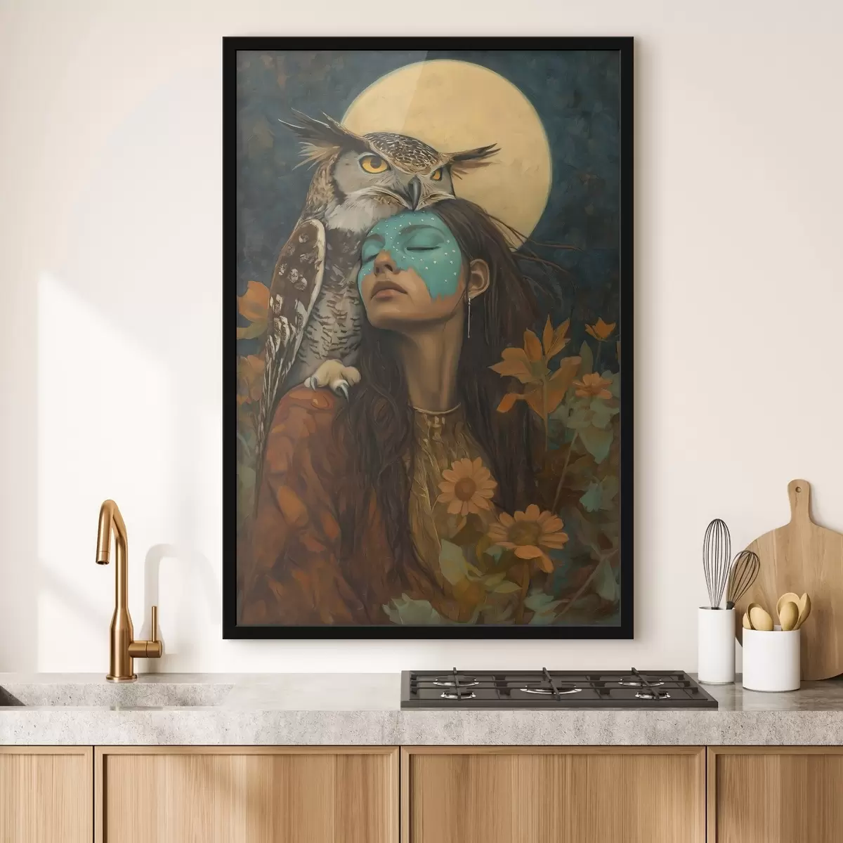 Poster Mujer con búho, estilo tribal, luna llena, flores f41444