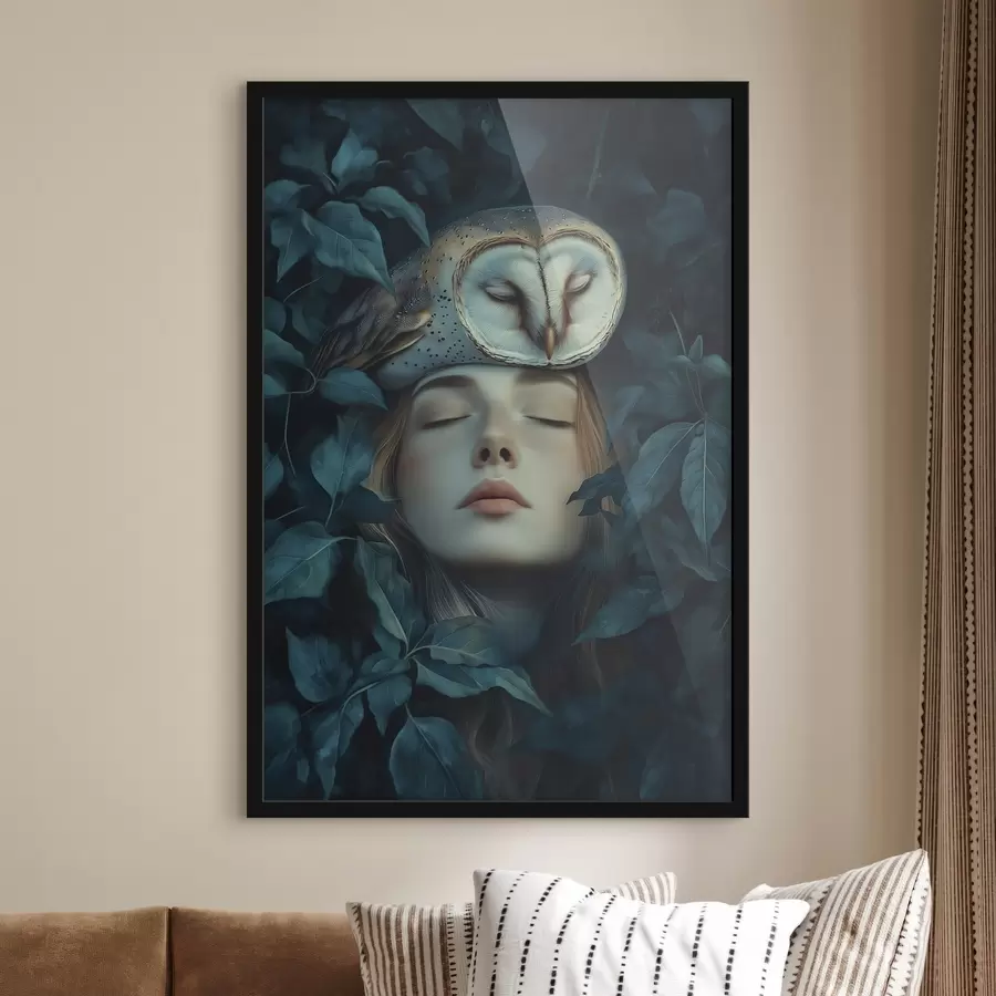 murales de pared Mujer con búho en las hojas verdes, tranquilo, naturaleza f41445