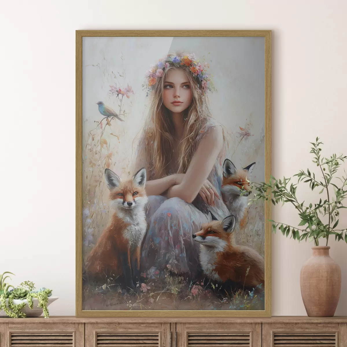 Poster Niña en el prado, animales salvajes, zorros, pájaros, corona floral f41451