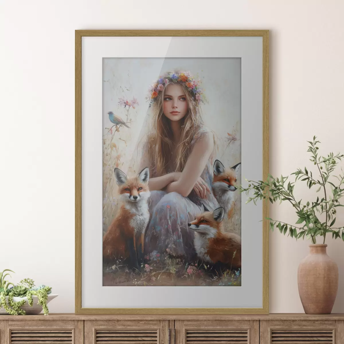 Poster Niña en el prado, animales salvajes, zorros, pájaros, corona floral f41451
