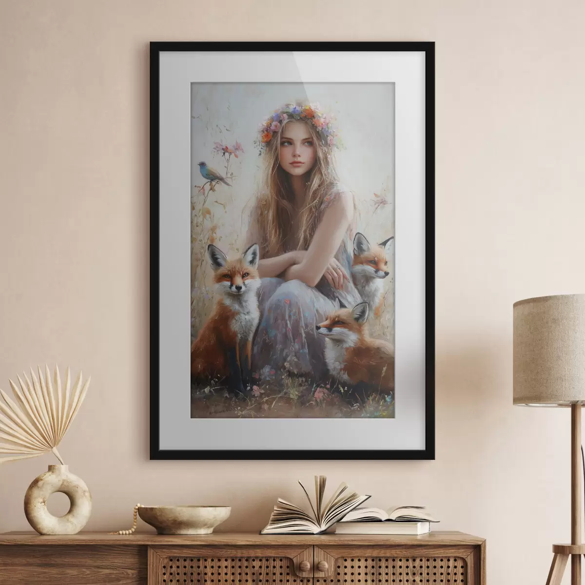 Poster Niña en el prado, animales salvajes, zorros, pájaros, corona floral f41451