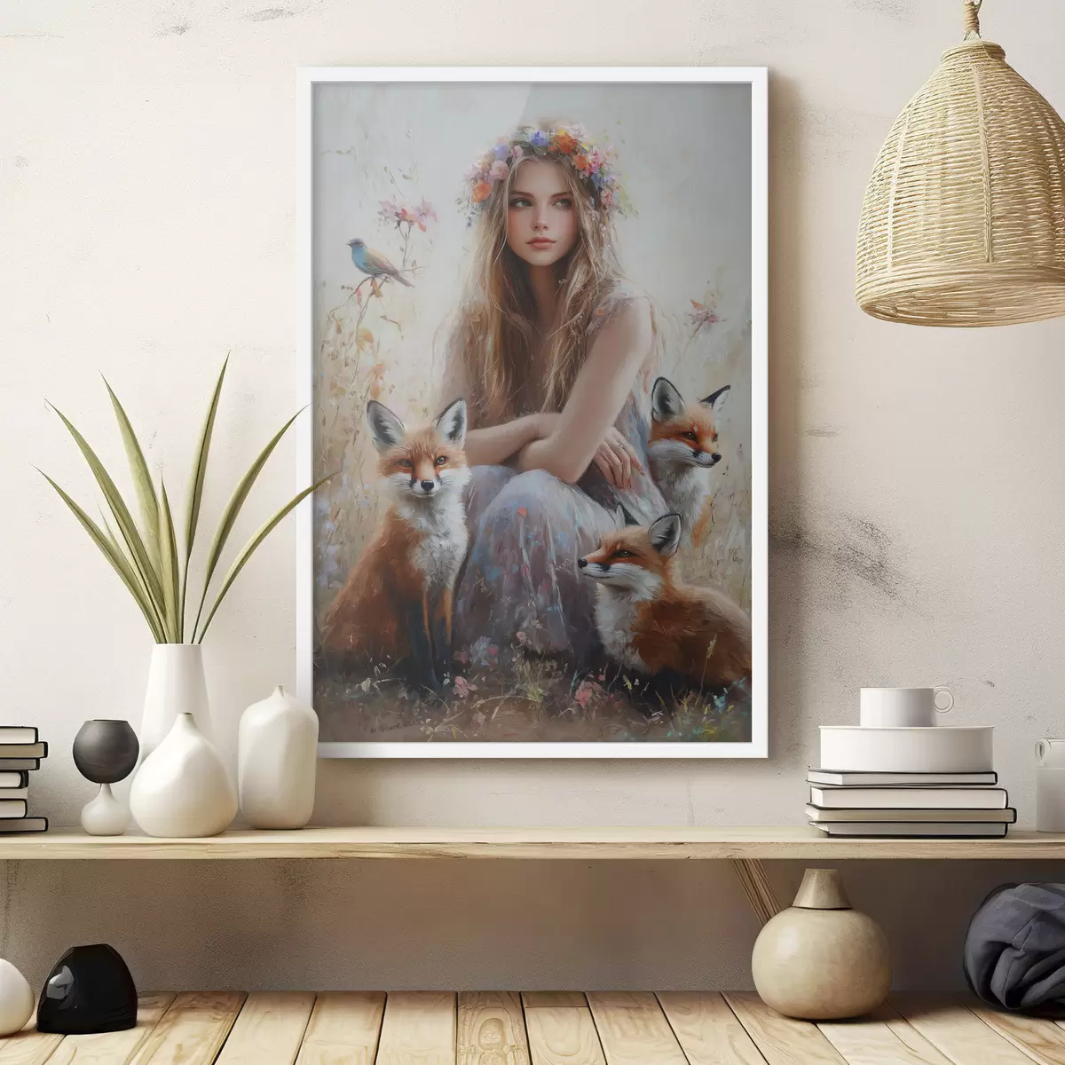 Poster Niña en el prado, animales salvajes, zorros, pájaros, corona floral f41451