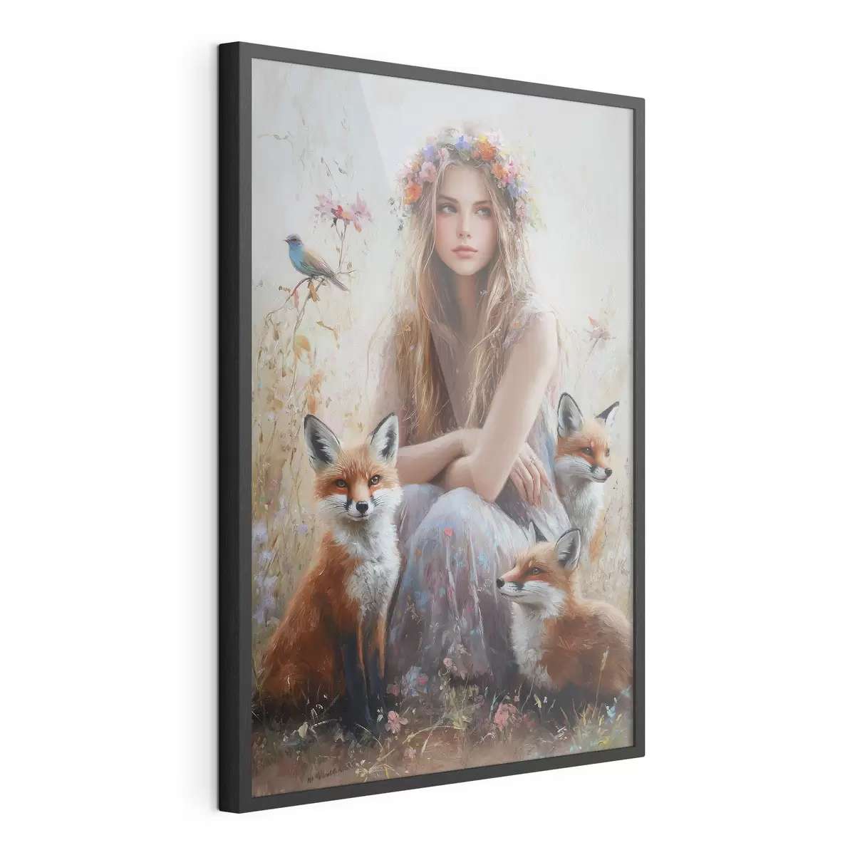 Poster Niña en el prado, animales salvajes, zorros, pájaros, corona floral f41451
