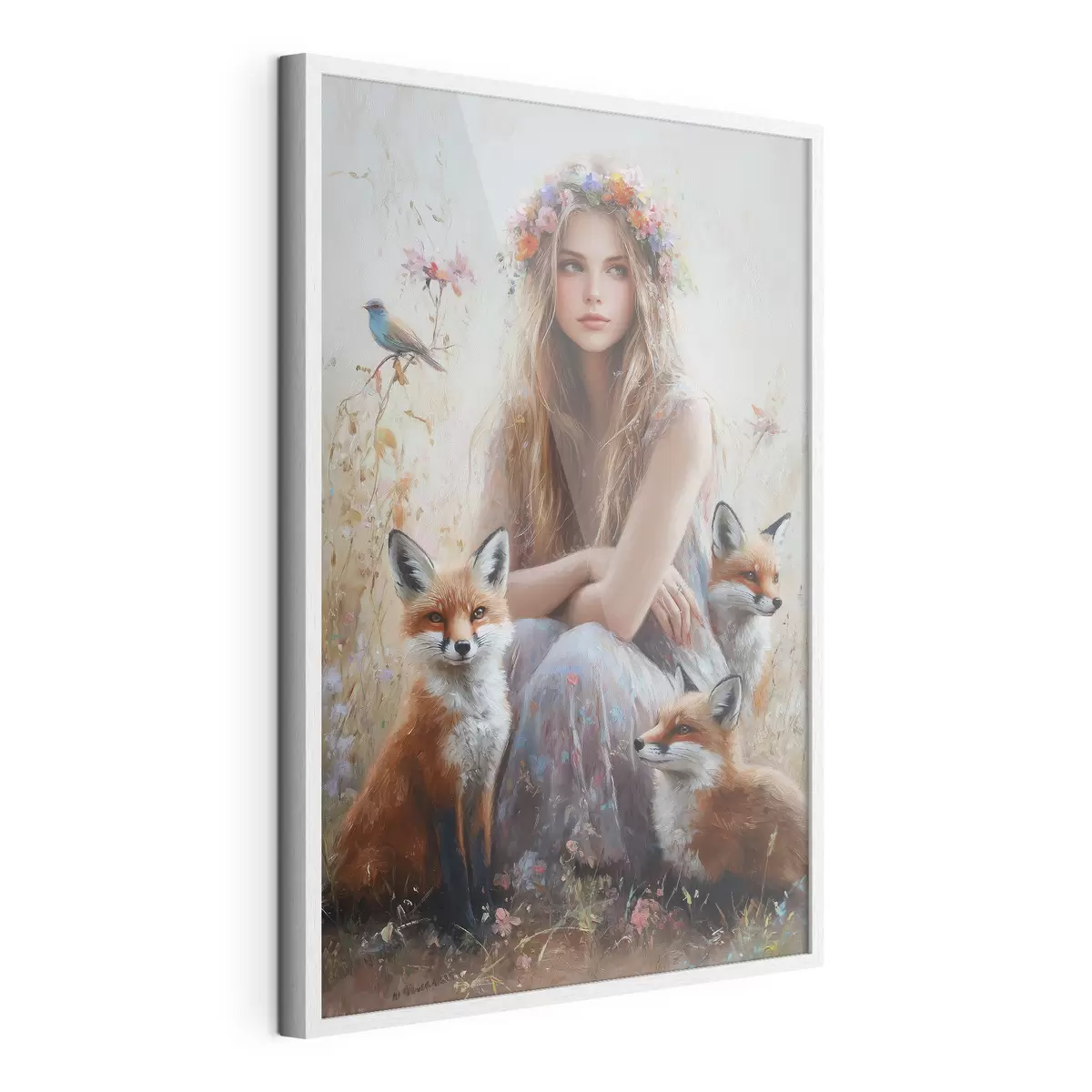 Poster Niña en el prado, animales salvajes, zorros, pájaros, corona floral f41451