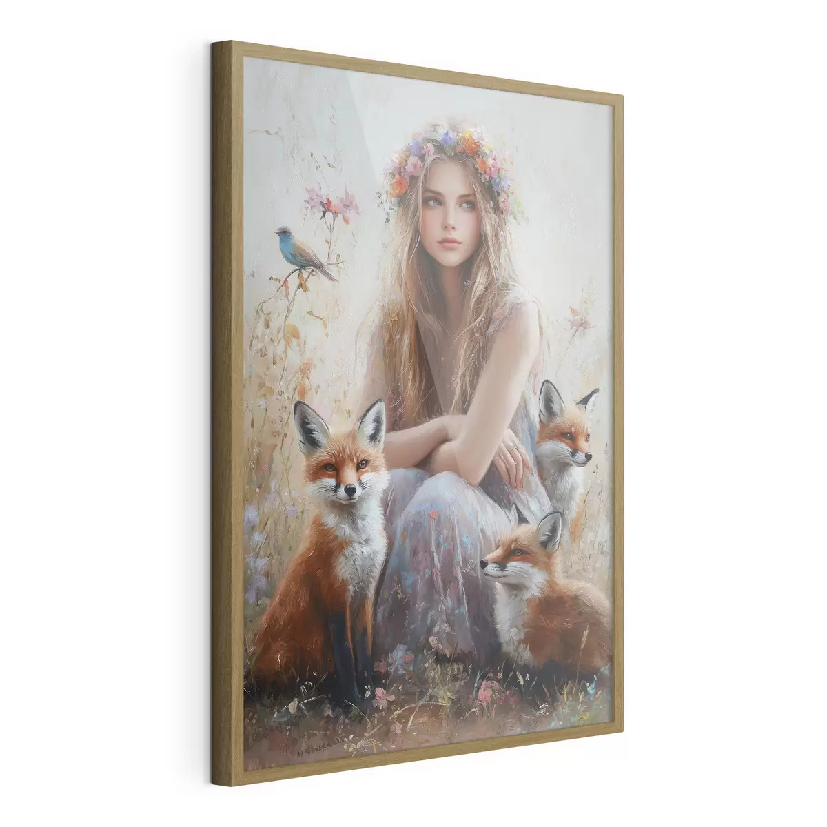 Poster Niña en el prado, animales salvajes, zorros, pájaros, corona floral f41451