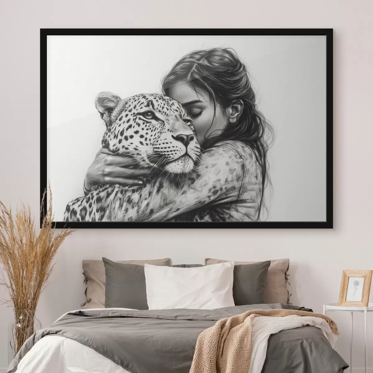 Poster Mujer con leopardo, animales salvajes, dibujo a lápiz, blanco y negro f41455