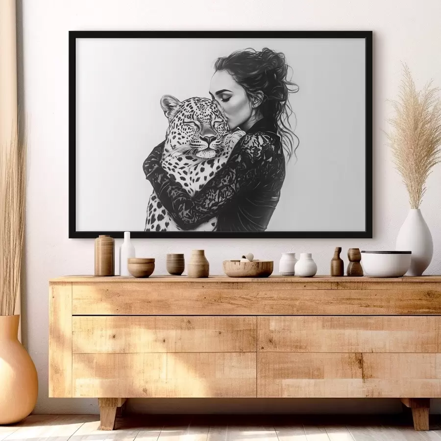 murales de pared Mujer besando leopardo, dibujo a lápiz, animales salvajes, blanco y negro f41457