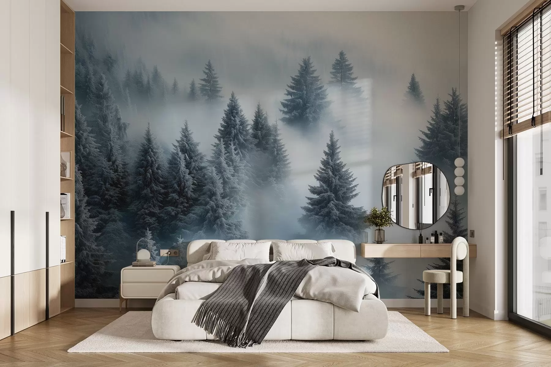 murales de pared Niebla espesa que envuelve un bosque nevado por la mañana en tonos azules w02064