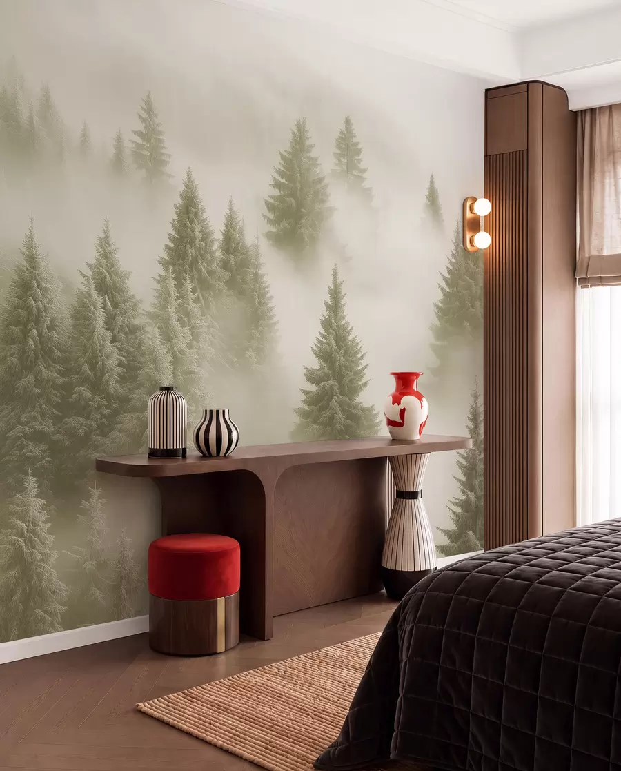 murales de pared Espesa niebla que envuelve un bosque nevado por la mañana en suaves tonos verdes w02064v2
