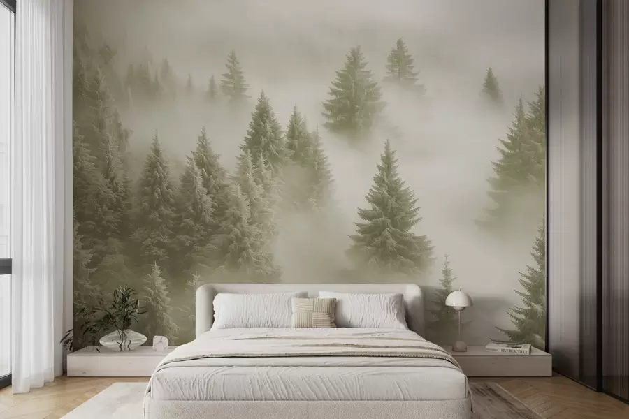 murales de pared Espesa niebla que envuelve un bosque nevado por la mañana en suaves tonos verdes w02064v2