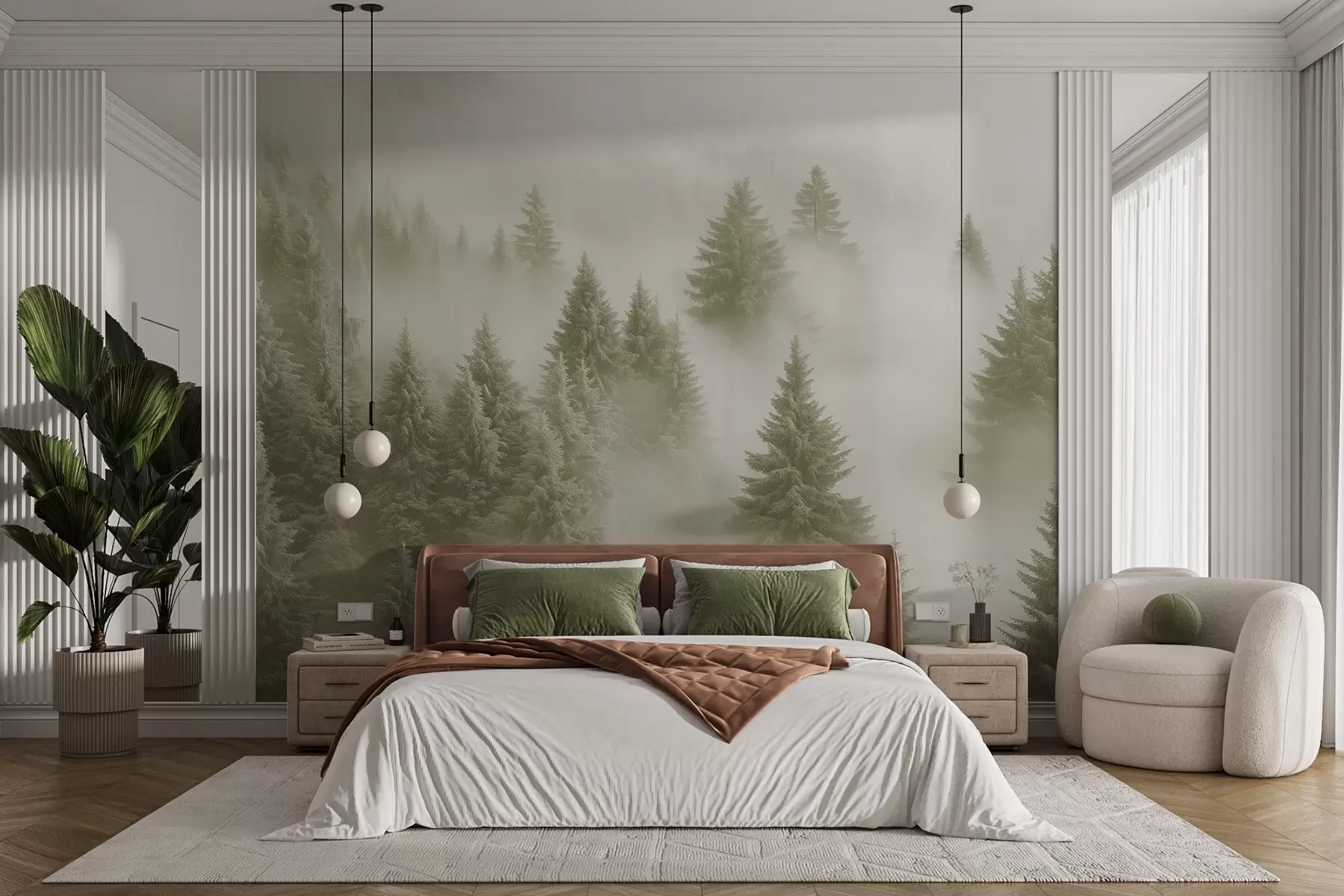 murales de pared Espesa niebla que envuelve un bosque nevado por la mañana en suaves tonos verdes w02064v2