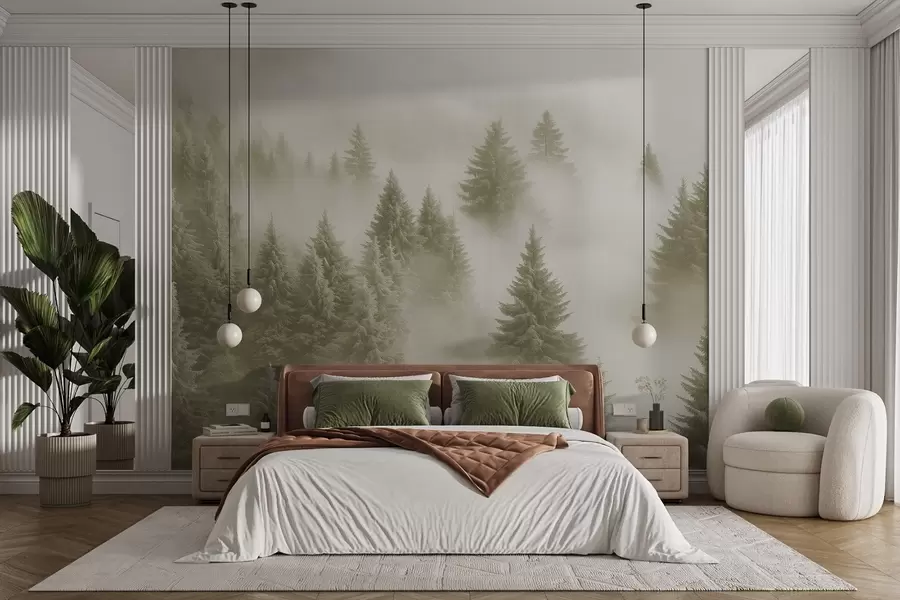 murales de pared Espesa niebla que envuelve un bosque nevado por la mañana en suaves tonos verdes w02064v2