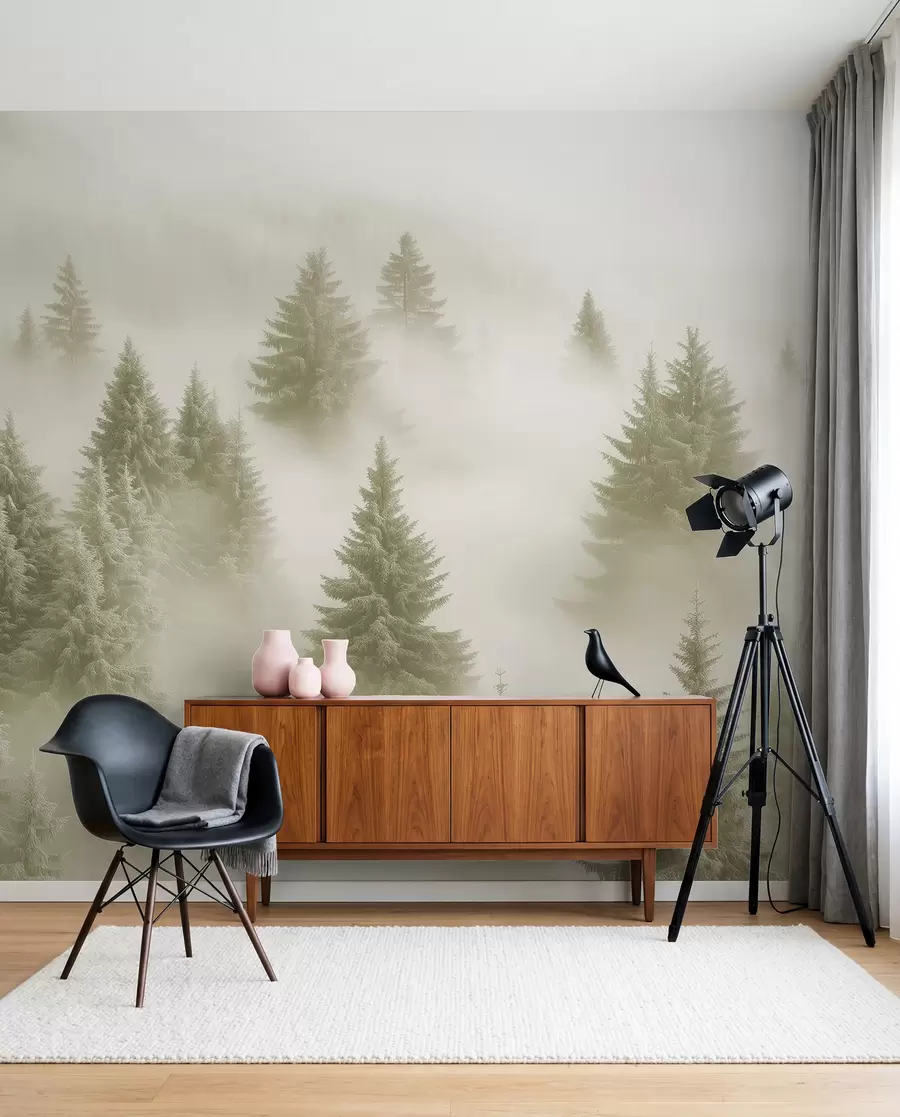 murales de pared Espesa niebla que envuelve un bosque nevado por la mañana en suaves tonos verdes w02064v2