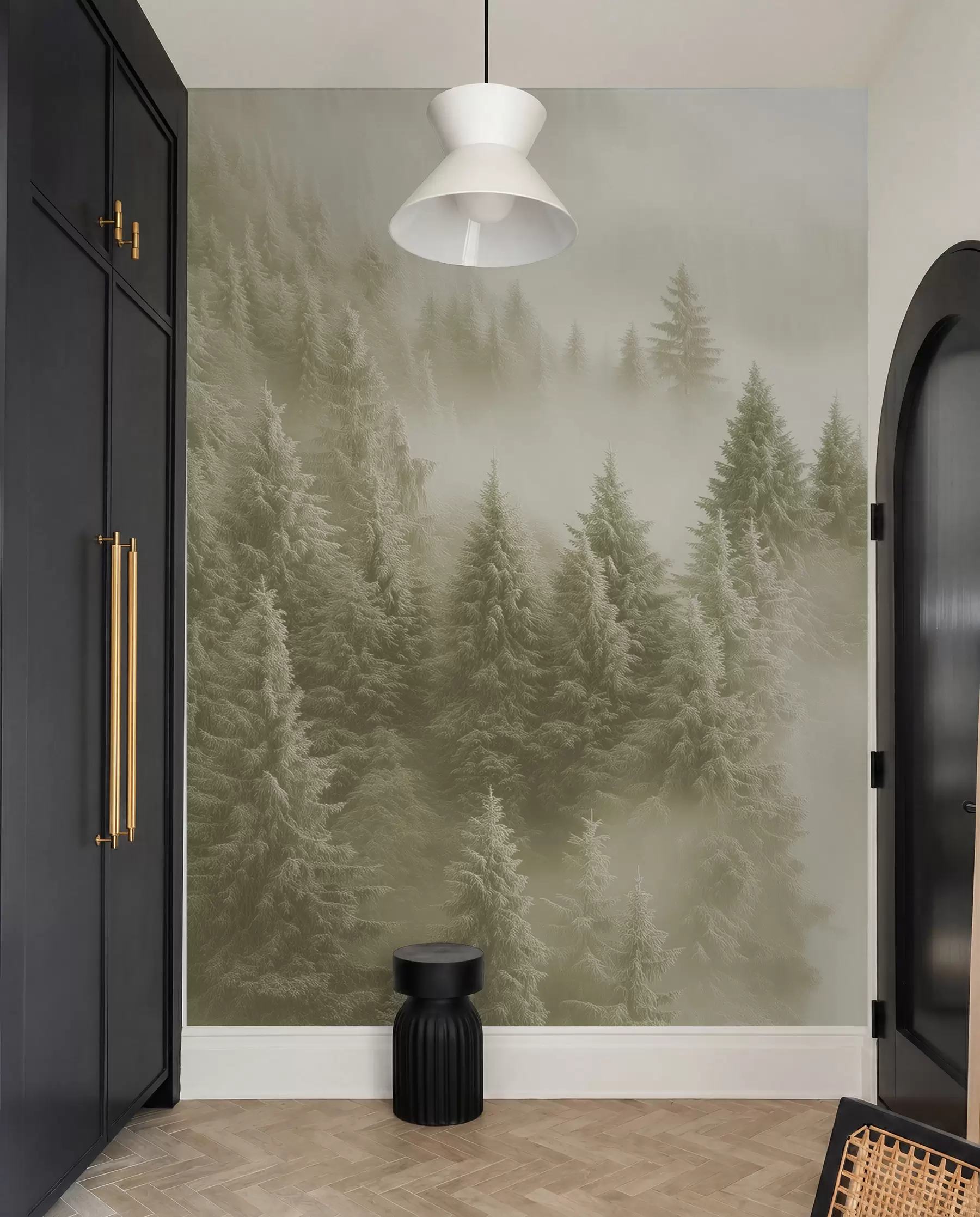 murales de pared Espesa niebla que envuelve un bosque nevado por la mañana en suaves tonos verdes w02064v2