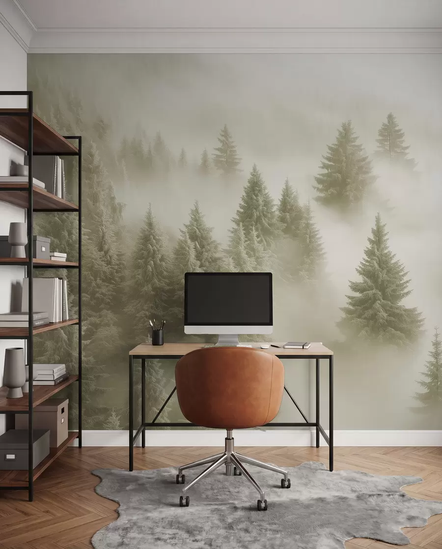 murales de pared Espesa niebla que envuelve un bosque nevado por la mañana en suaves tonos verdes w02064v2