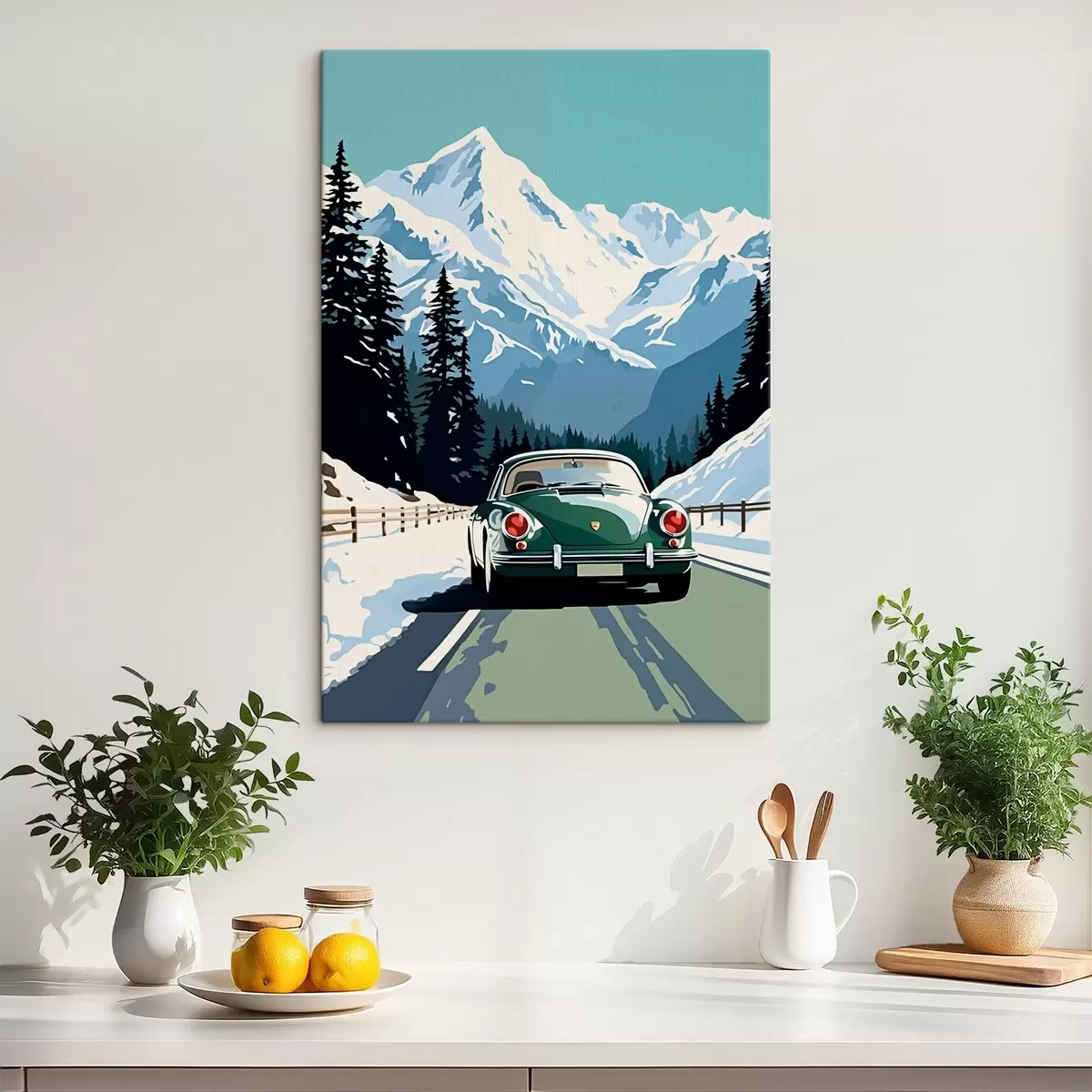 murales de pared Coche retro en carretera de montaña invernal s41478