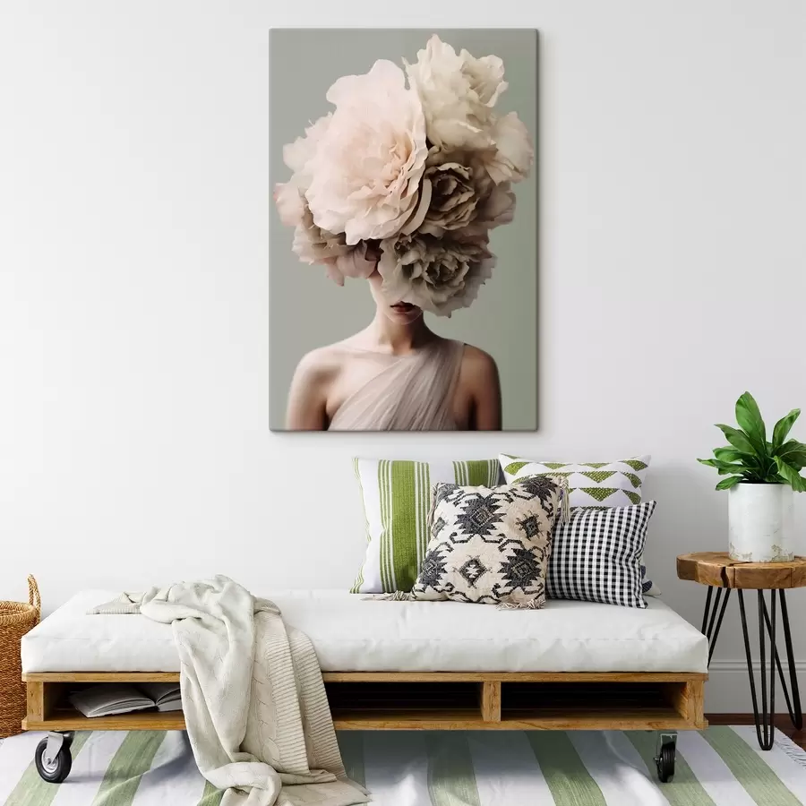 murales de pared Mujer con grandes flores en la cabeza ocultando su rostro s41483