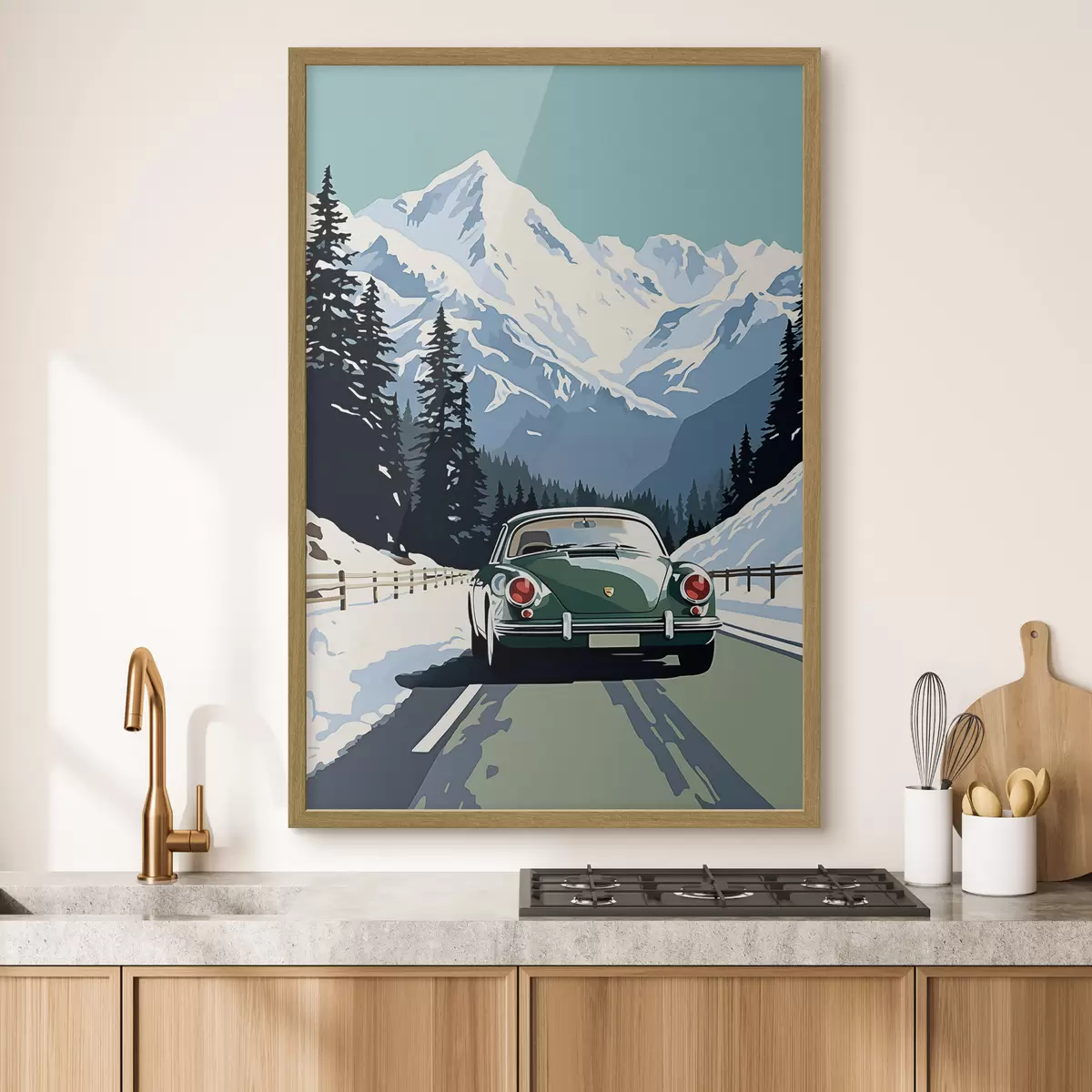 Poster Coche retro en carretera de montaña invernal f41478