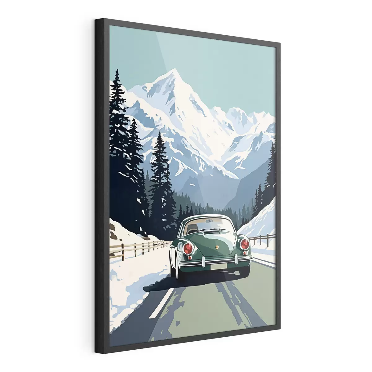 Poster Coche retro en carretera de montaña invernal f41478