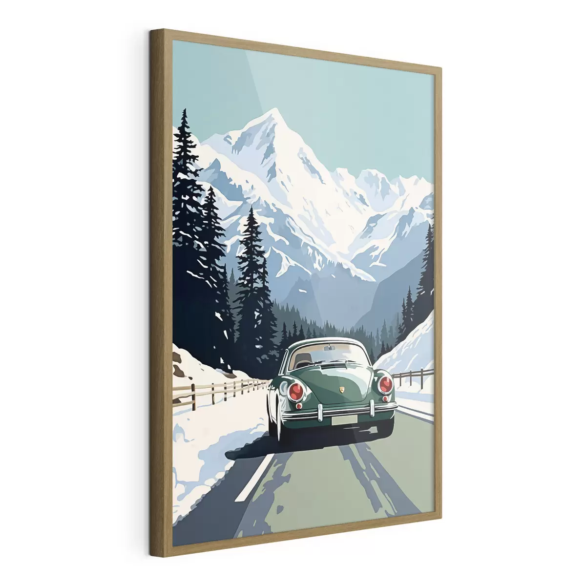 Poster Coche retro en carretera de montaña invernal f41478