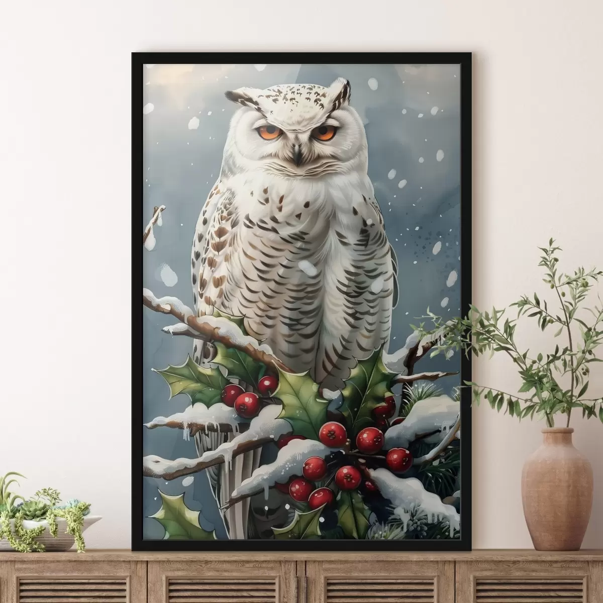 Poster Búho en una rama invernal con bayas y hojas f41482