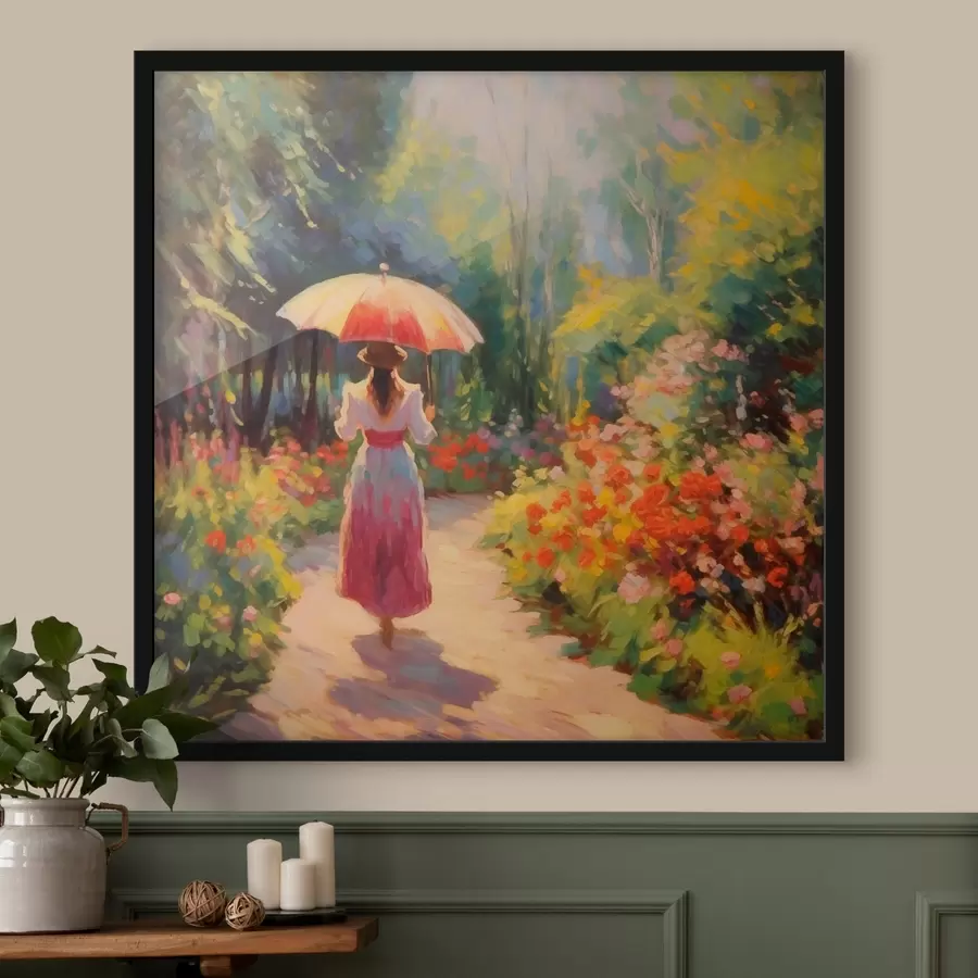 murales de pared Dama con sombrilla en un jardín en flor f41495