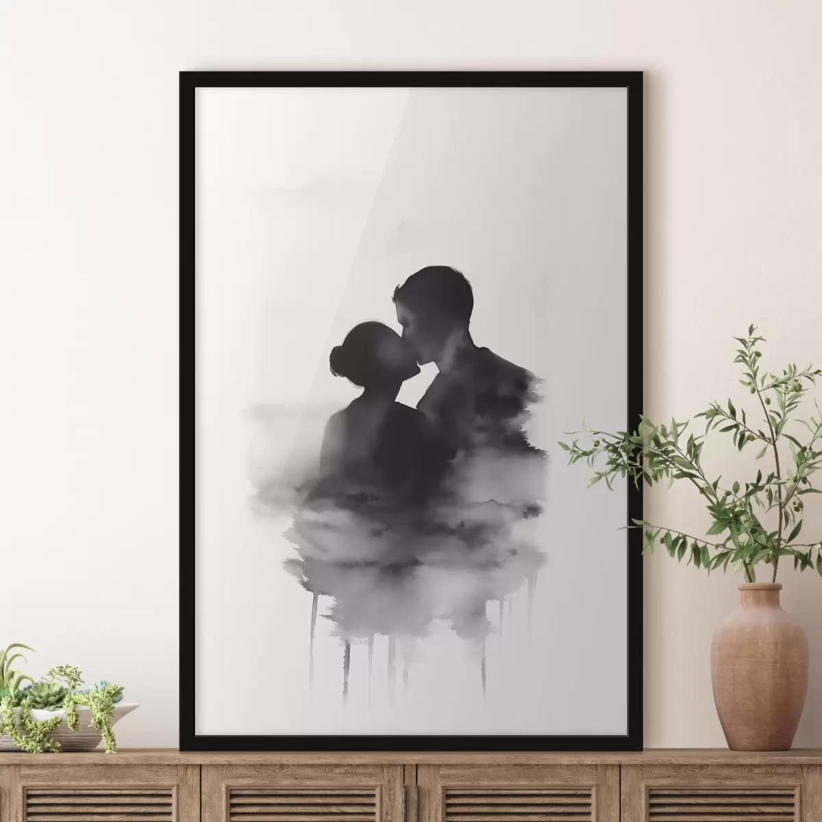 Poster Silueta de una pareja en técnica de acuarela en blanco y negro f41496