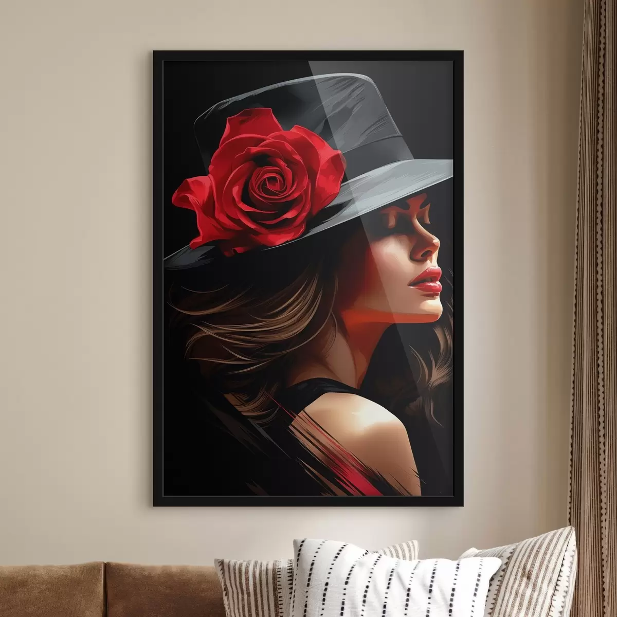 Poster Ilustración chica con sombrero con una hermosa rosa chic f41546