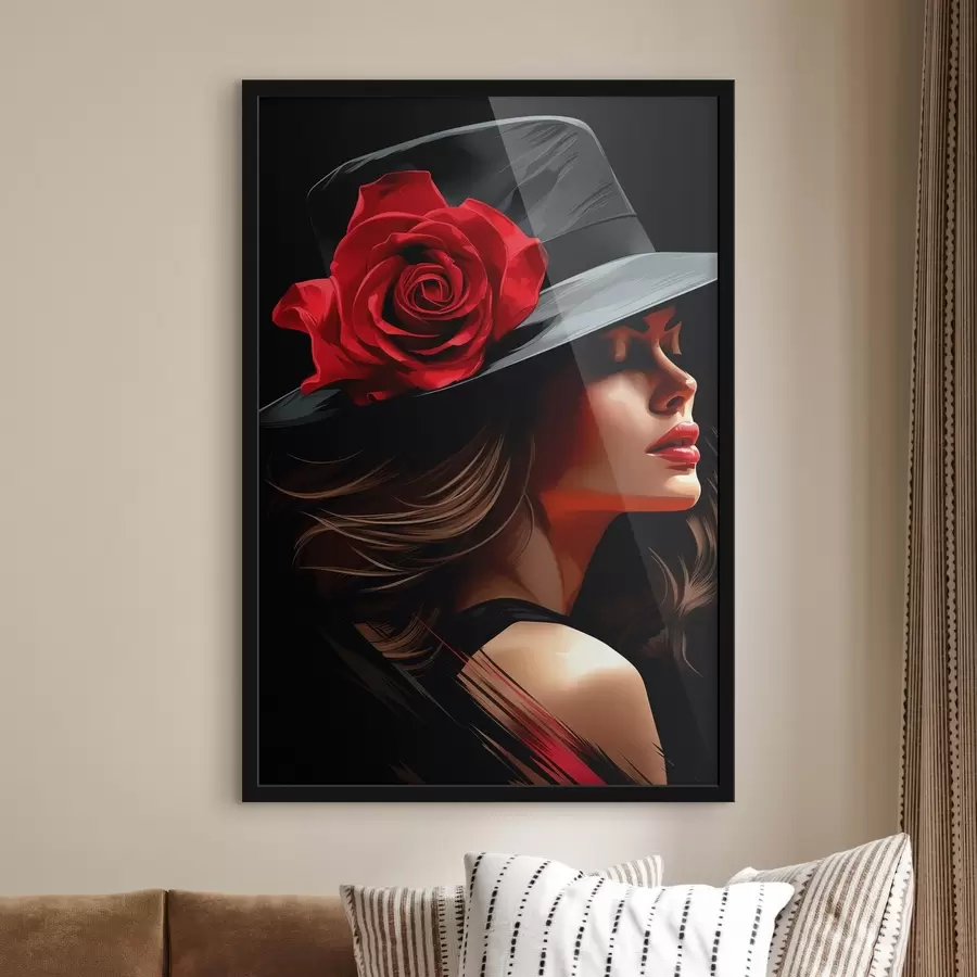murales de pared Ilustración chica con sombrero con una hermosa rosa chic f41546