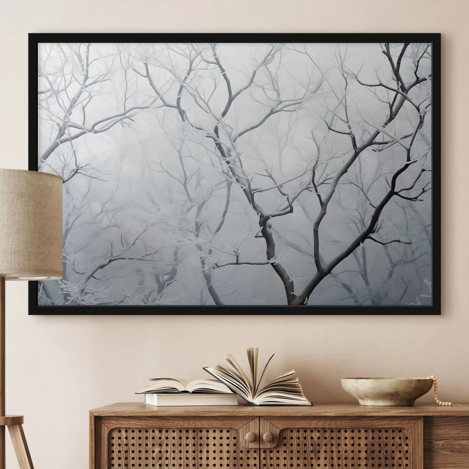 murales de pared Ramas de árbol en escarcha, minimalismo f41469